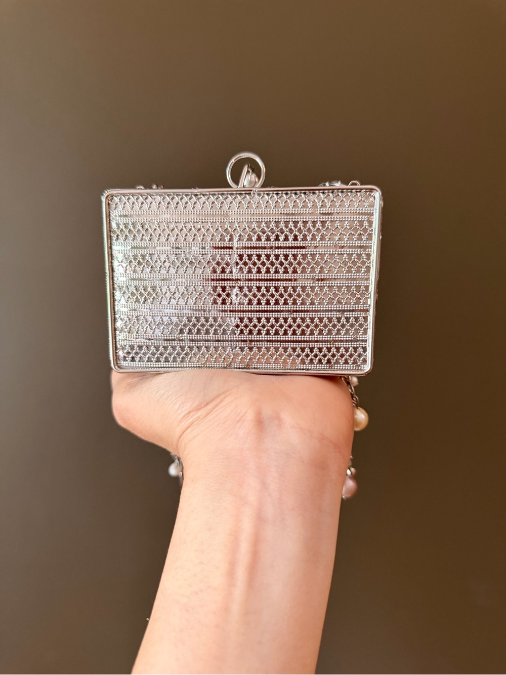 Silver Beaded Box Clutch with Shell & Crystal Accents - Picture 3 of 4